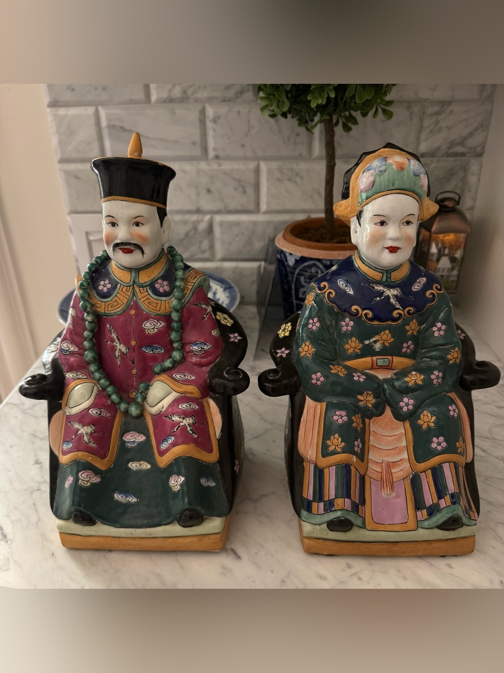 Pair of Chinoiserie Ceramic Statues